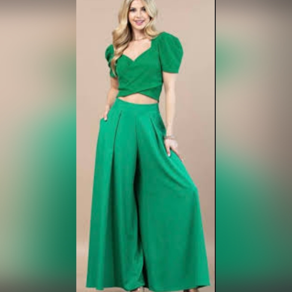 Women 2 Pices Wide Leg  Pant And Sexy Top In Sea GREEN  VENUS BOUTIQUE UNI